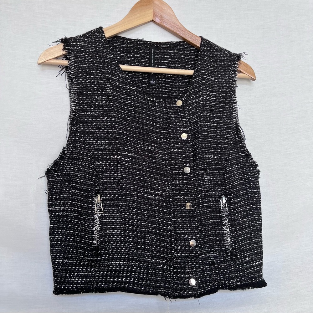 W118 by Walter Baker Black and White Tweed Distressed Moto Vest